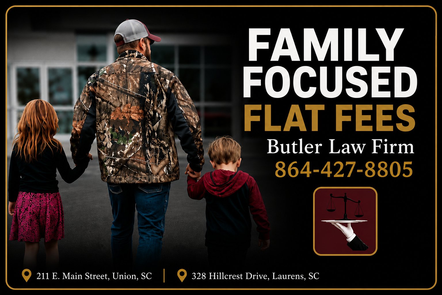 Butler Law Firm billboard - Family Focused, Flat Fees - 864-427-8805 - offices in Union and Laurens SC